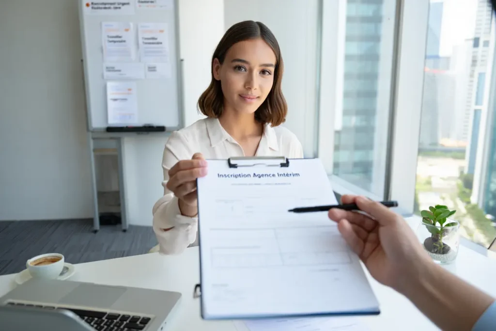 Candidat remplissant formulaire d'inscription en agence d'intérim