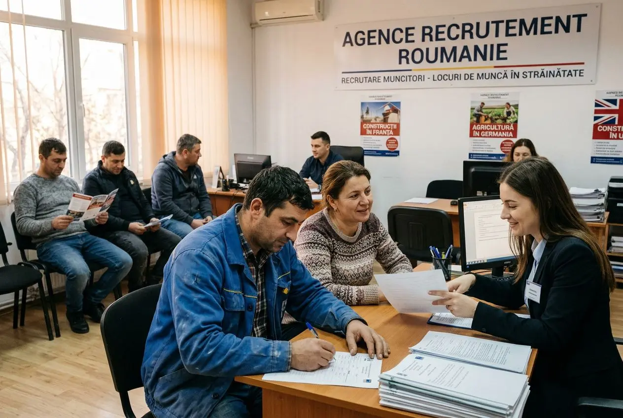Une agence de recrutement en Roumanie: personnes en entretien et échange de documents, affiches “AGENCE RECRUTEMENT ROUMANIE” au fond.