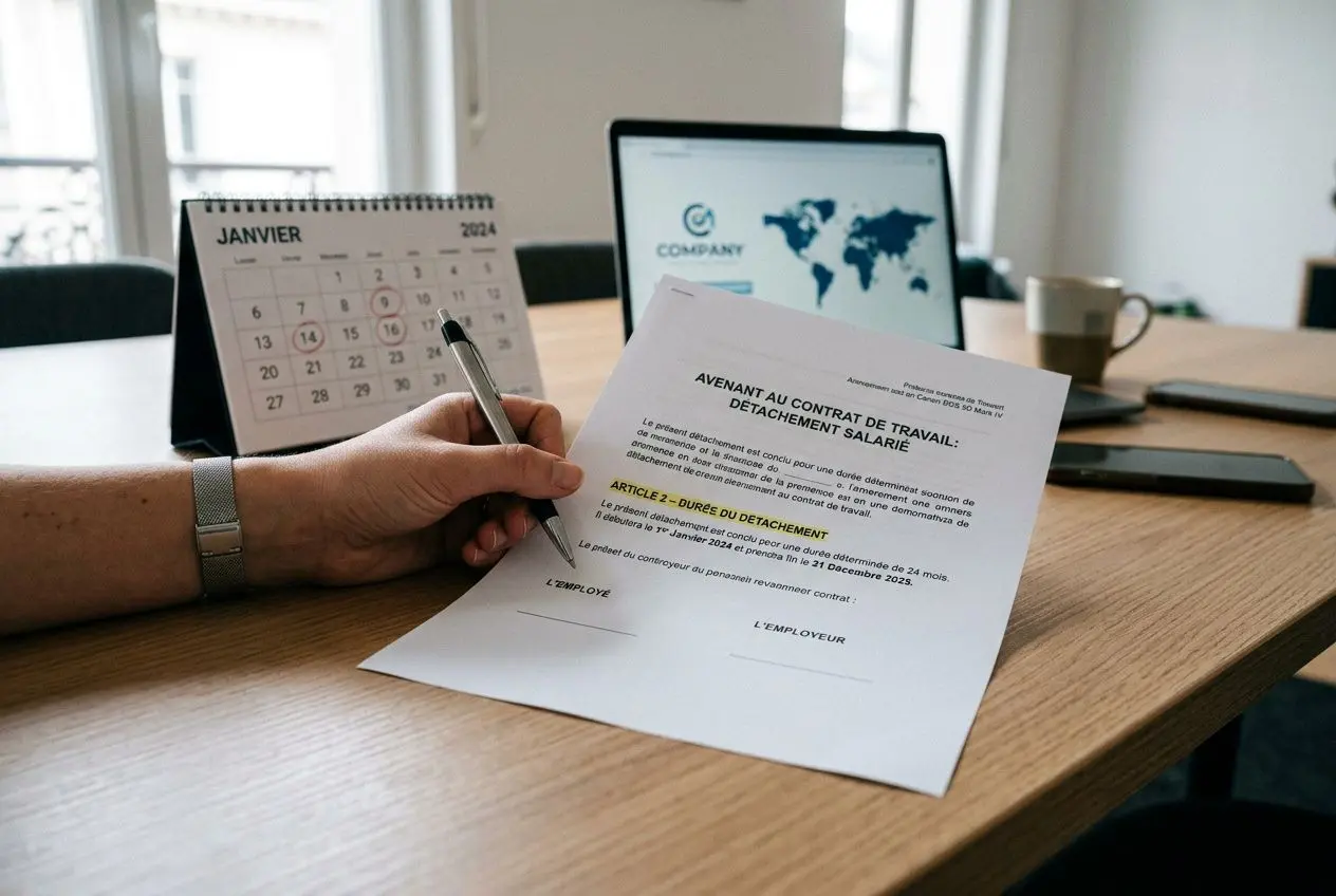 Détail d’un document de travail signé sur un bureau, avec calendrier et ordinateur en arrière-plan, évoquant le détachement travailleur étranger en france.