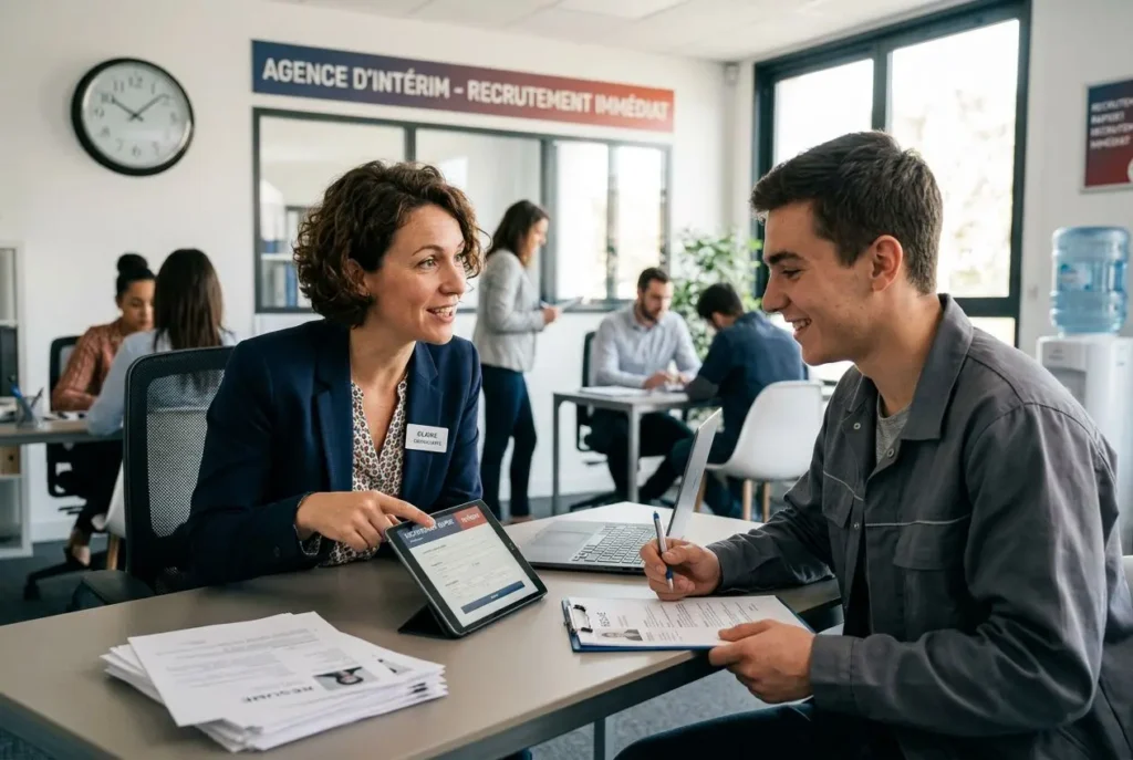 Deux interlocuteurs en entretien dans une agence d'intérim, échangeant documents et tablet—cadre professionnel des avantages de recruter un intérimaire.