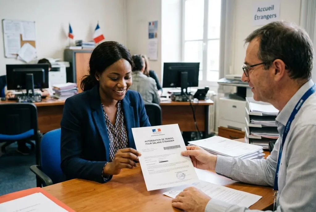 Deux professionnels échangent pendant une démarche d’autorisation de travail pour un salarié étranger; l’un remet un document au bureau.
