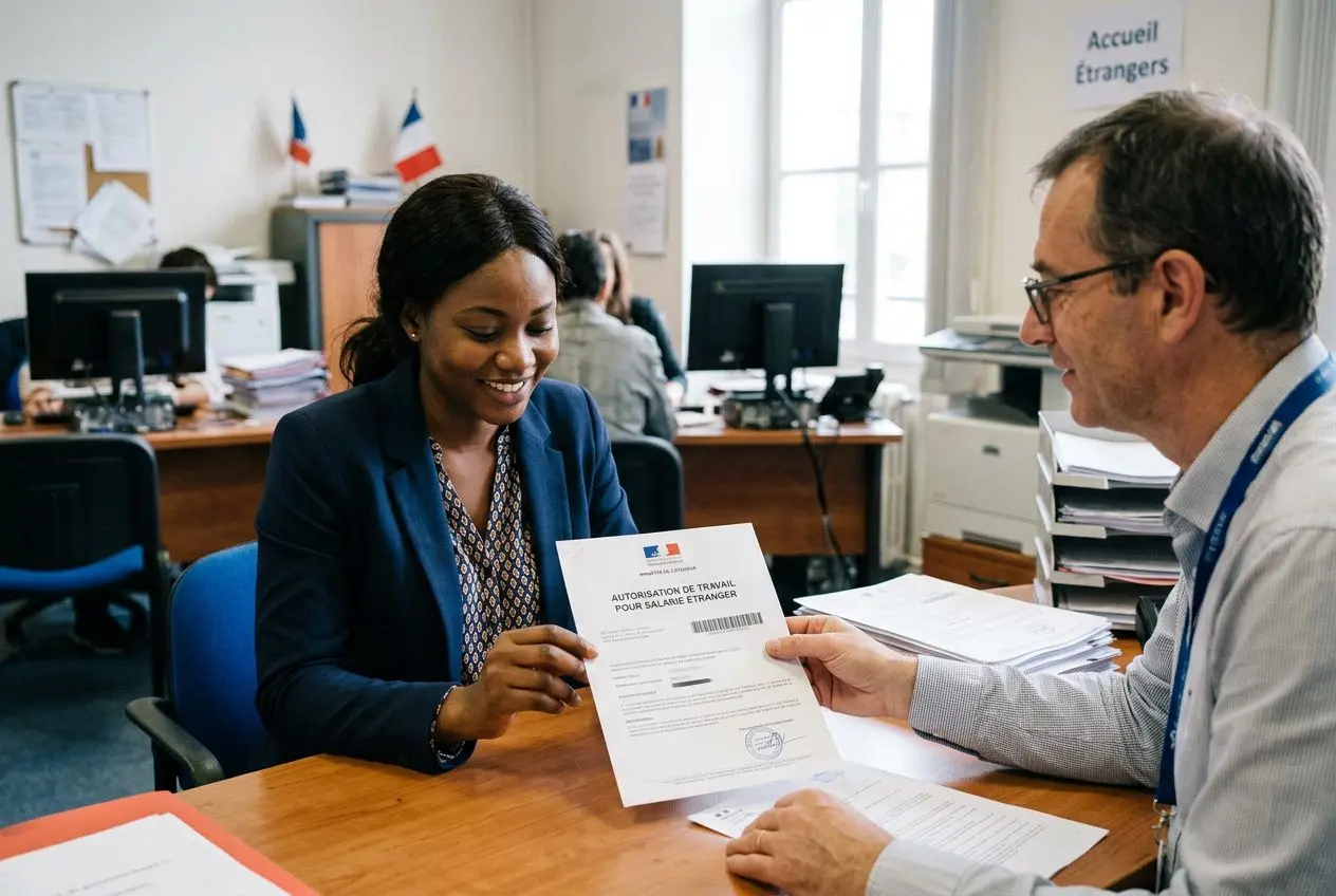 Deux professionnels échangent pendant une démarche d’autorisation de travail pour un salarié étranger; l’un remet un document au bureau.