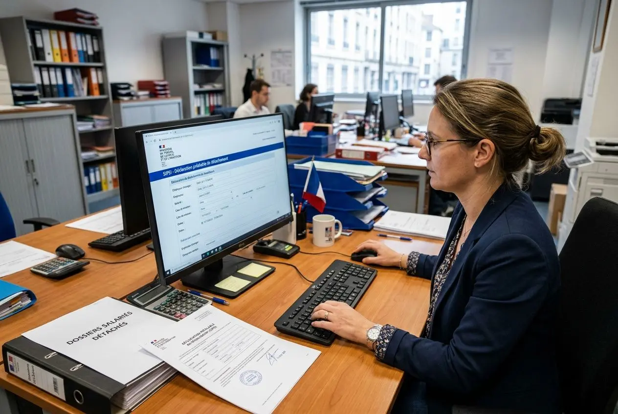 Employée de bureau travaillant sur un ordinateur, entourée de papiers et classeurs, dans un espace de travail open-space. On voit des documents et un drapeau français sur le bureau. Alt text intègre le mot-clé: détachement de travailleurs en france.