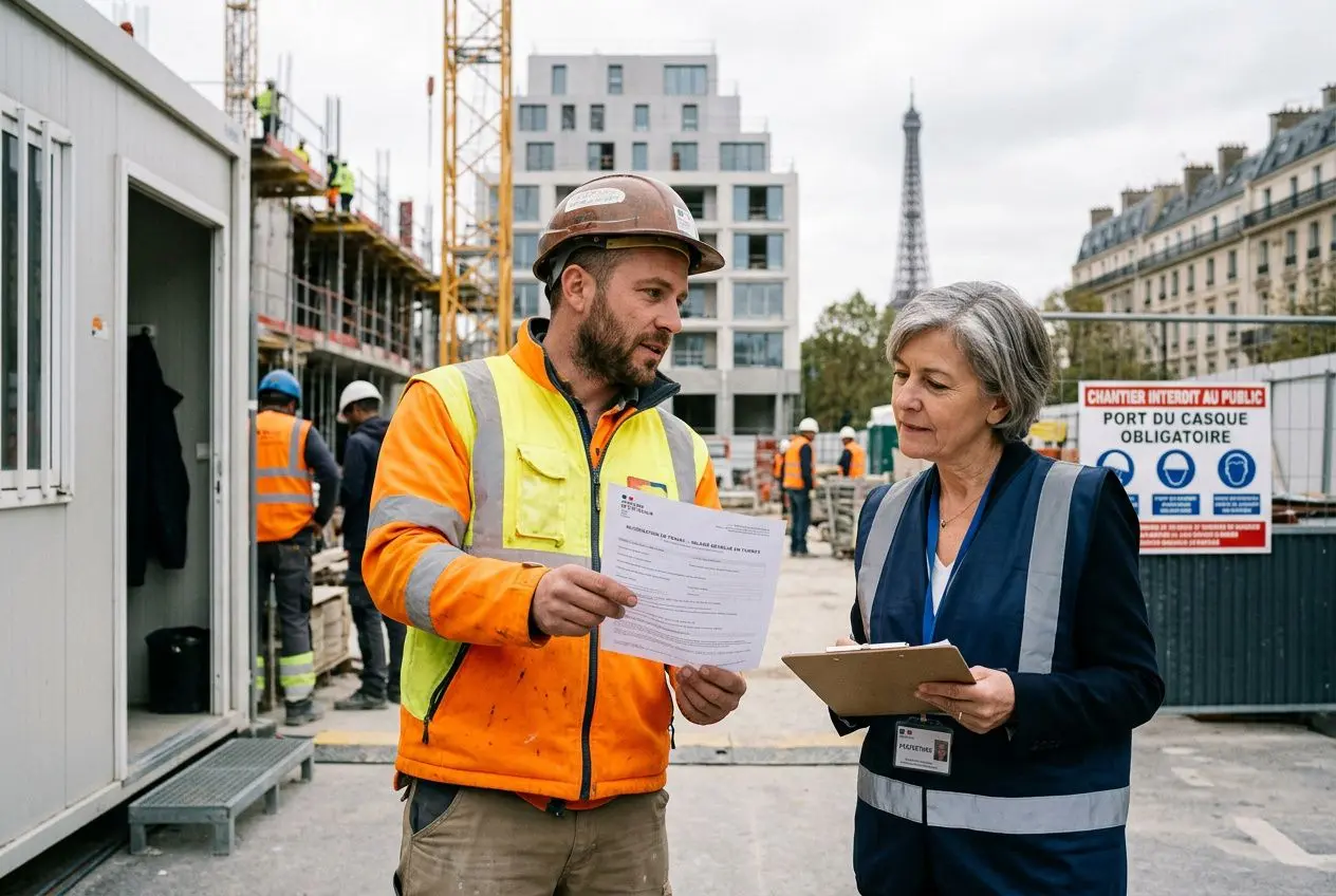 Homme ouvrier en casque et veste orange discute avec une femme en gilet réfléchissant, tenant des documents sur un chantier à Paris. autorisation de travail pour un salarié étranger, contexte administratif.