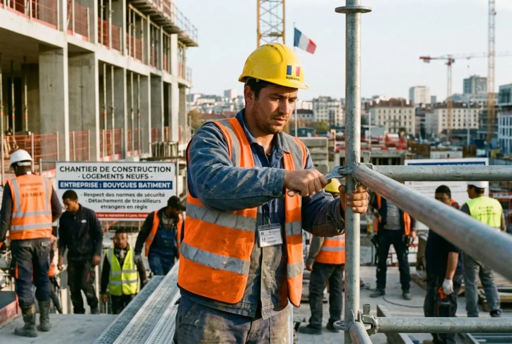 Homme ouvrier portant casque jaune et gilet réfléchissant orange sur un chantier, ajustant une structure métallique, d’autres travailleurs en arrière-plan. Détachement travailleur étranger en france.