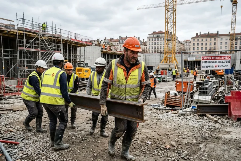 Travailleurs sur un chantier, portant des casques et gilets jaunes, transportant une plaque de métal. Détachement de travailleurs en france, scène typique des obligations et sécurité sur site.