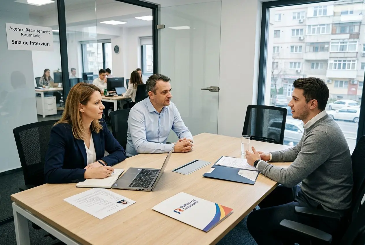 Trois professionnels en réunion dans une agence de recrutement en Roumanie, autour d’une table avec documents et ordinateur portable.