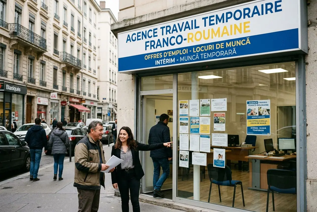 Agence travail temporaire franco-roumaine: façade d’agence sur rue avec deux personnes souriantes devant, affiches et entrées visibles.