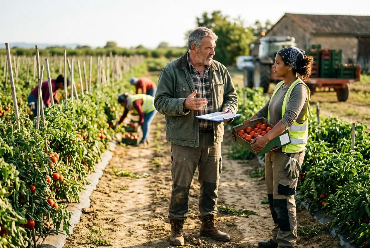 Agriculteur expérimenté discutant avec une salariée en notice réfléchie dans une serre de tomates, échangeant des feuilles de renseignements sur le travail saisonnier agricole.