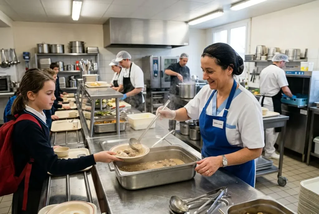 Aide de cuisine collectivité en service, une bénévole souriante sert une portion dans une cuisine collective industrielle.