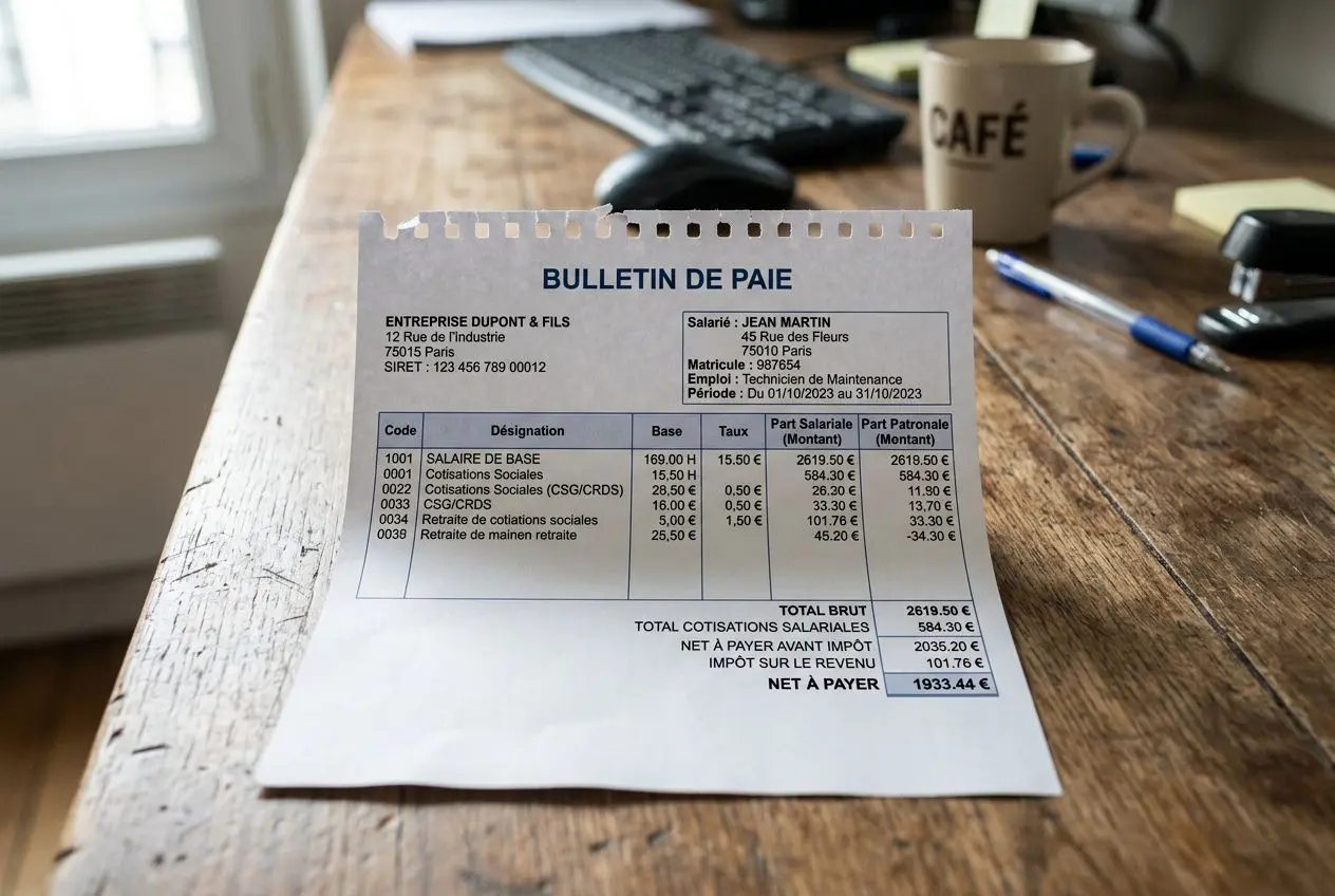 Bulletin de paie clair posé sur une table, affichant les rubriques et montants, modèle pour salarié détaché en France.