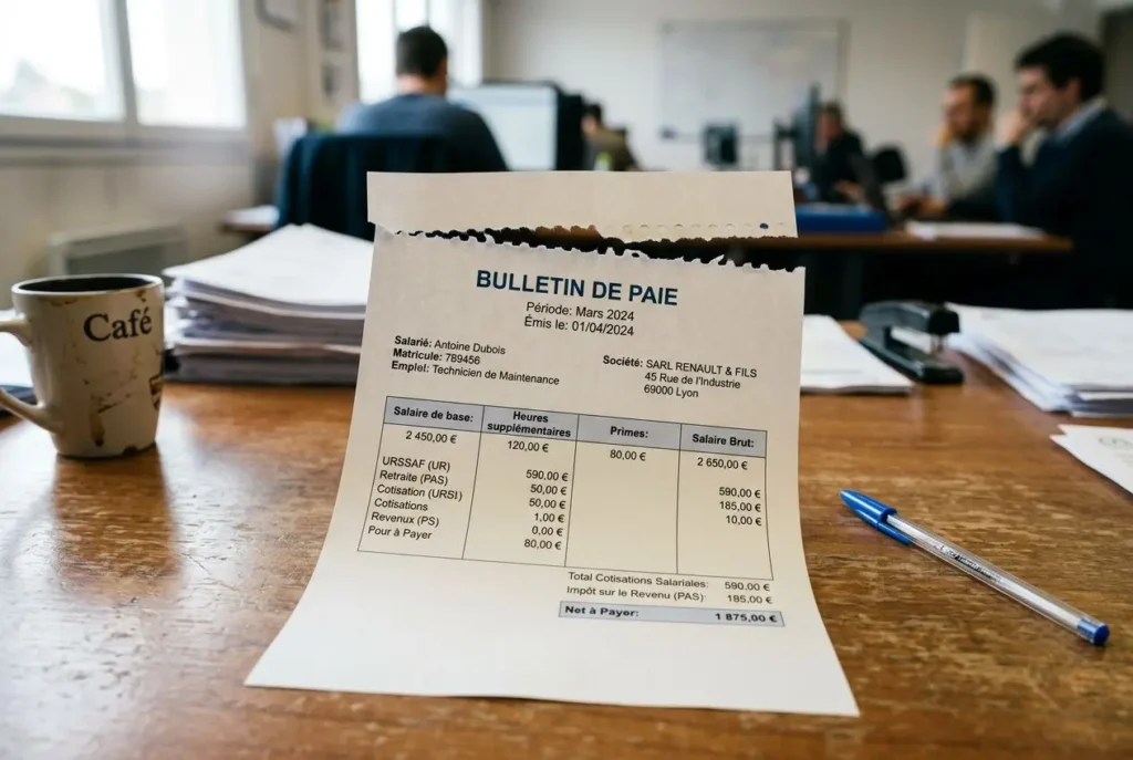 Bulletin de paie salarié détaché en france posé sur une table de bureau, avec tasse et stylo, contexte d’employeur et de gestion des paies.