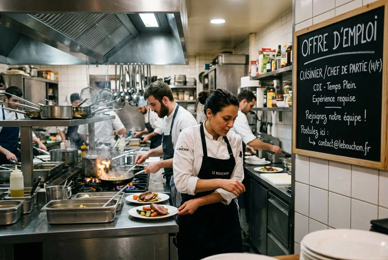 Cuisinier et personnel en cuisine professionnelle en terrasse ouverte; plaque de cuisson avec flamme, plan de travail et clientèle en arrière-plan, offre d’emploi “aide de cuisine collectivité” affichée sur le tableau.