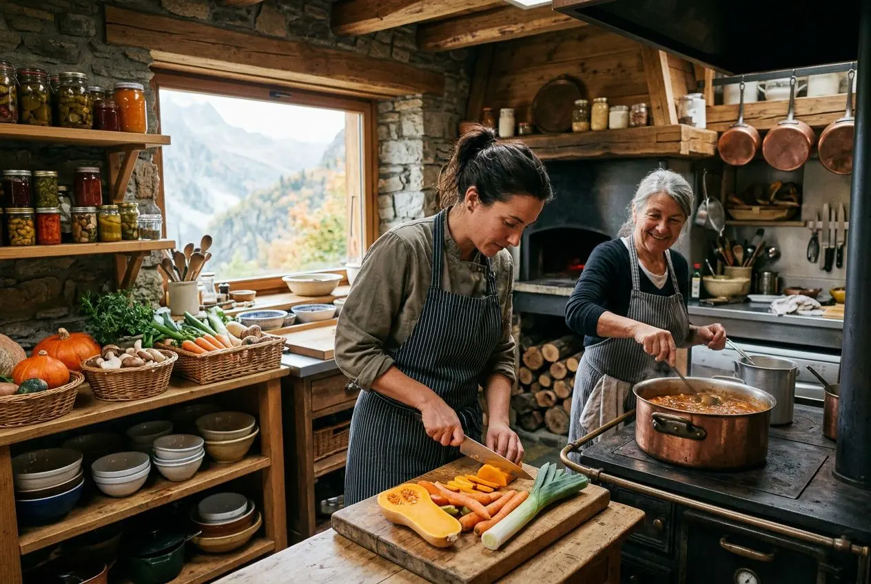 Deux commis de cuisine saisonnier logé en cuisine rustique cuisinant des légumes frais et préparant une potée, ambiance chaleureuse.