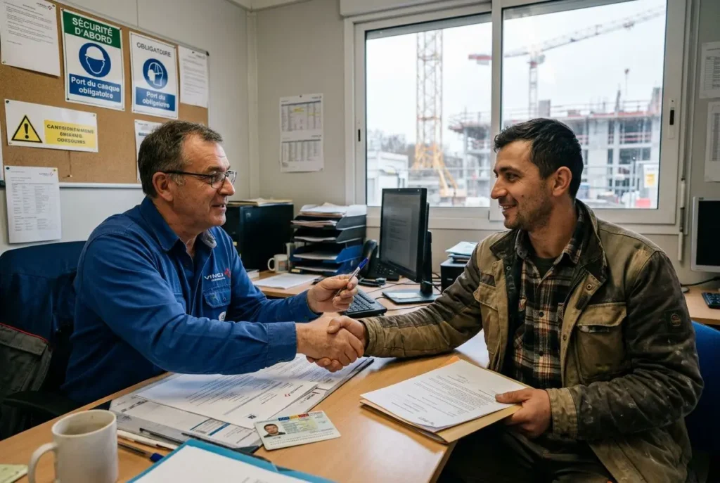 Deux hommes se serrent la main dans un bureau, échanges de documents sur le bureau, ambiance professionnelle. Ce duo illustre l’embauche, avec le mot-clé intégré naturellement: embaucher un roumain en france.