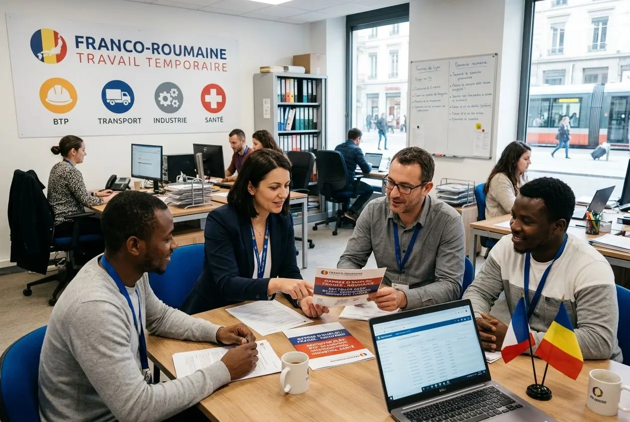 Equipe de travail temporaire franco-roumaine en réunion au bureau, échange de documents et discussions autour du recrutement et détachement. Agence travail temporaire franco-roumaine affichée en arrière-plan.