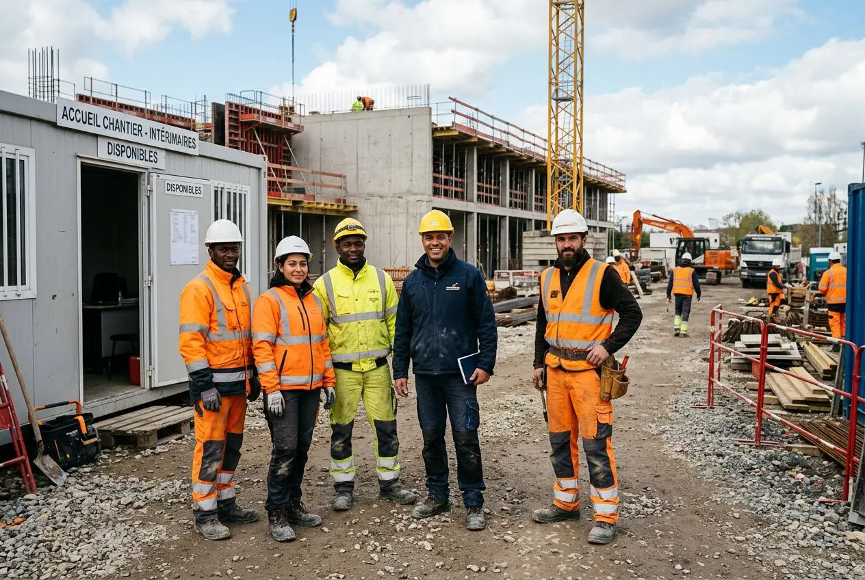 Groupe d’intérimaires et superviseur sur un chantier BTP, ambiance de travail organisée, porteurs de gilets orange et casques, bâtiment en construction en arrière-plan. intérimaires disponibles rapidement.