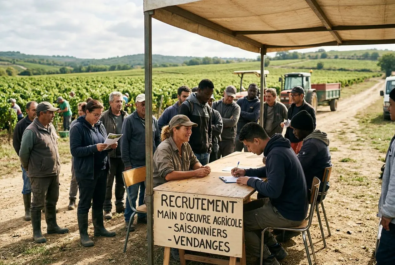 Groupe de personnes devant un stand de recrutement agricole, signifiant « recrutement main d’œuvre agricole : saisonniers : vendanges », sur un terrain viticole.