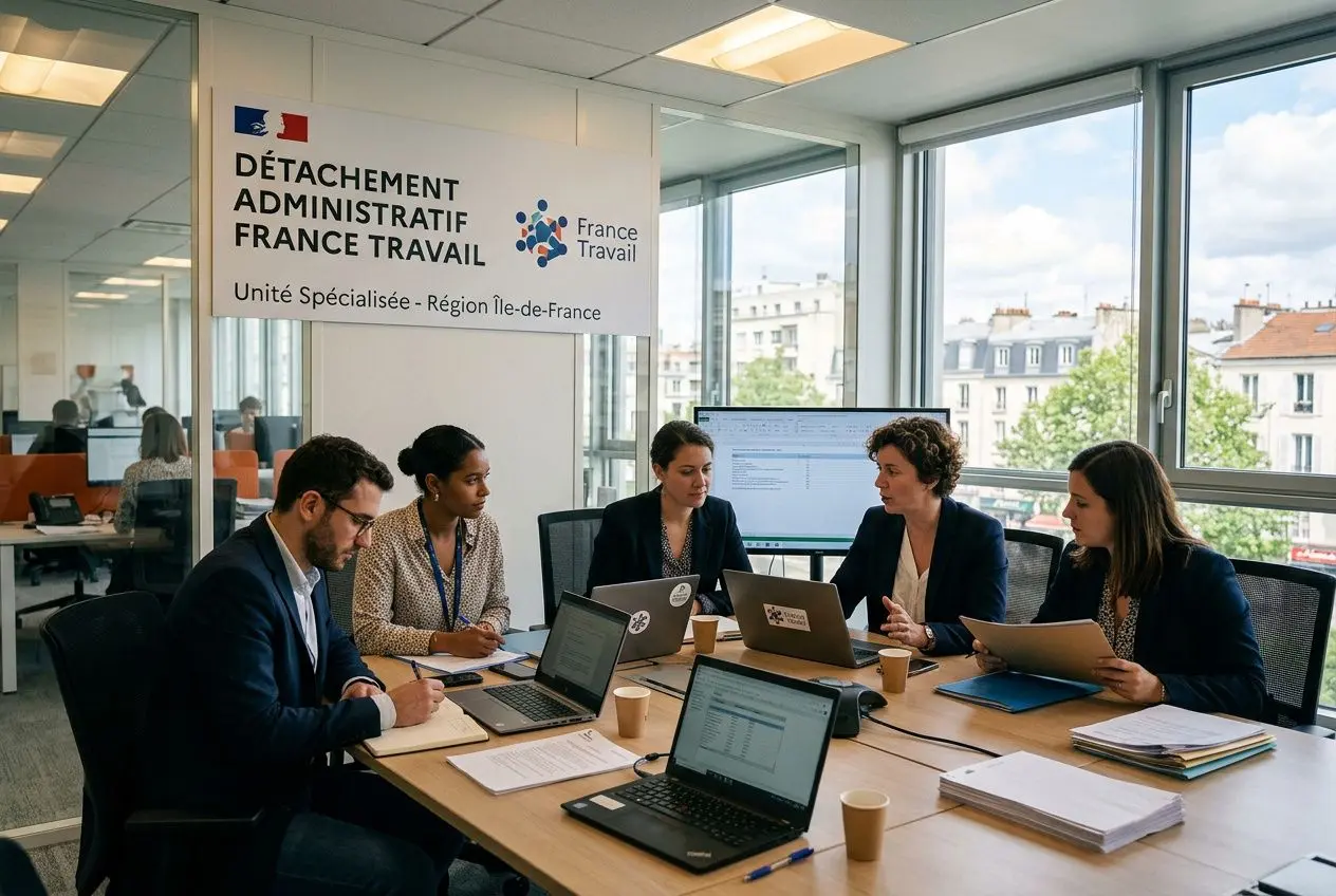 Groupe de professionnels en réunion autour d’un bureau avec ordinateurs, au centre administratif français, sur fond fenêtre et panneau “DÉTACHEMENT ADMINISTRATIF FRANCE TRAVAIL” et “France Travail” et discussion sur le détachement salariés étrangers en france.