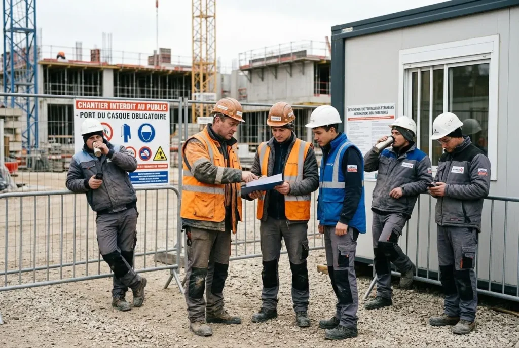 Groupe de travailleurs sur un chantier, discutant autour d’un document, sous casques et gilets de sécurité.