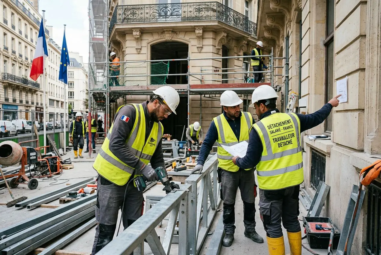 Groupe de travailleurs sur un chantier urbain, portant des gilets jaunes et casques, près d’un bâtiment en façade, échangeant des plans et surveillant l’installation.bulletin de paie salarié détaché en france est intégré comme sujet principal? We must include keyword naturally. However image shows construction site, not payroll. We should describe truthfully and possibly weave keyword if natural. It says build around keyword if possible. We can mention context: "activité de chantier" and include keyword as part of description: "sur le bulletin de paie salarié détaché en france" would be odd. Maybe: "Équipe de ouvriers sur un chantier; rappel du bulletin de paie salarié détaché en france pour les employeurs présents." But must be natural. I'll craft: "Équipe de travailleurs sur un chantier urbain avec plans et outils; référence au bulletin de paie salarié détaché en france pour les employeurs." Keep length under 125. Let's produce. Équipe de travailleurs sur un chantier urbain portant gilets et casques, échange de plans et outils à proximité d’un bâtiment. bulletin de paie salarié détaché en france pour les employeurs.