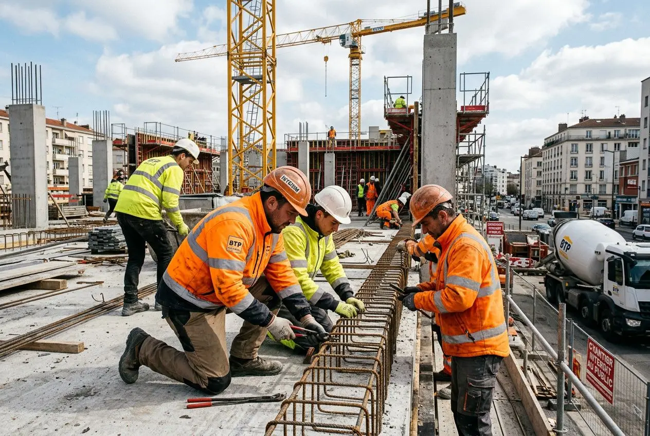 Intérimaires disponibles rapidement sur un chantier BTP, ouvriers en gilet jaune et casques travaillent sur ferraillage et coffrage.