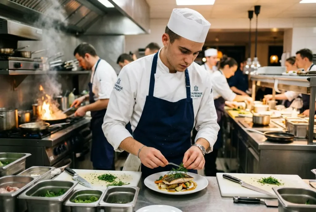 Jeune commis de cuisine saisonnier logé en train de dresser un plat en cuisine professionnelle, avec d’autres cuisiniers au travail en arrière-plan.