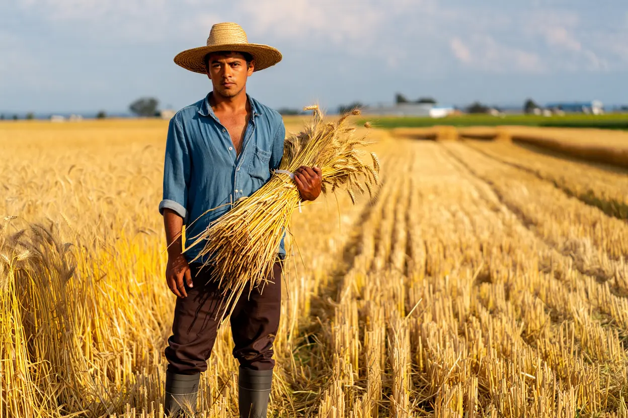 Ouvrier agricole dans un champ de céréales, tenant des gerbes dorées sous un ciel clair, exemple de recrutement main d'oeuvre agricole.