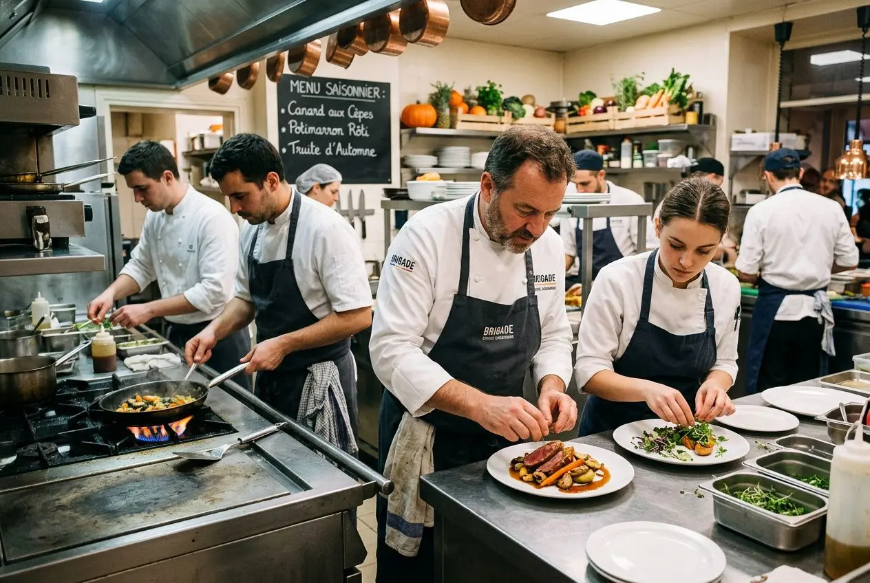 Réalisation gastronomique en cuisine collective : commis de cuisine saisonnier logé préparant des plats près des cuisines, accompagnés d’un chef et d’un seconder en salle.