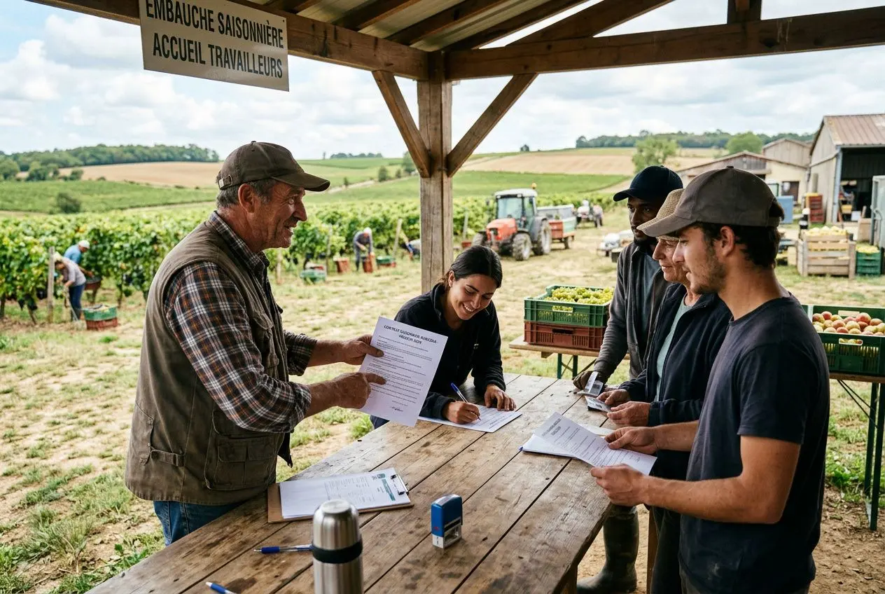 Signature d’un contrat saisonnier agricole devant un stand en plein champ, avec travailleurs et documents à une table en zone rurale.