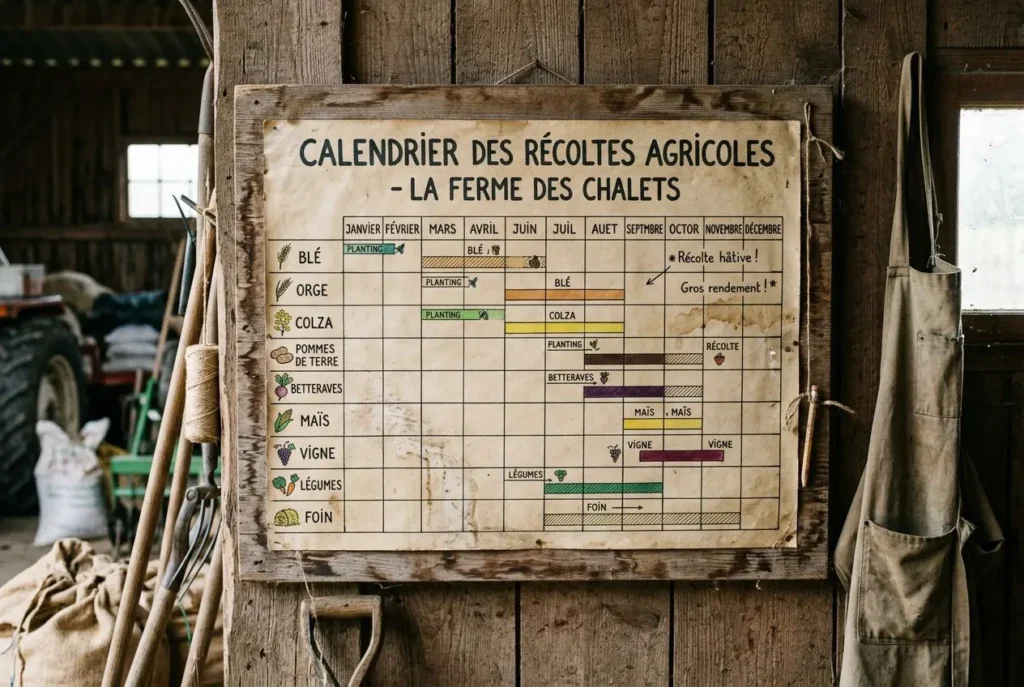 Calendrier des récoltes agricoles affiché dans une grange, avec planifications mensuelles pour blé, orge, colza, légumes et cultures diverses. Calendrier des semis et récoltes du potager.