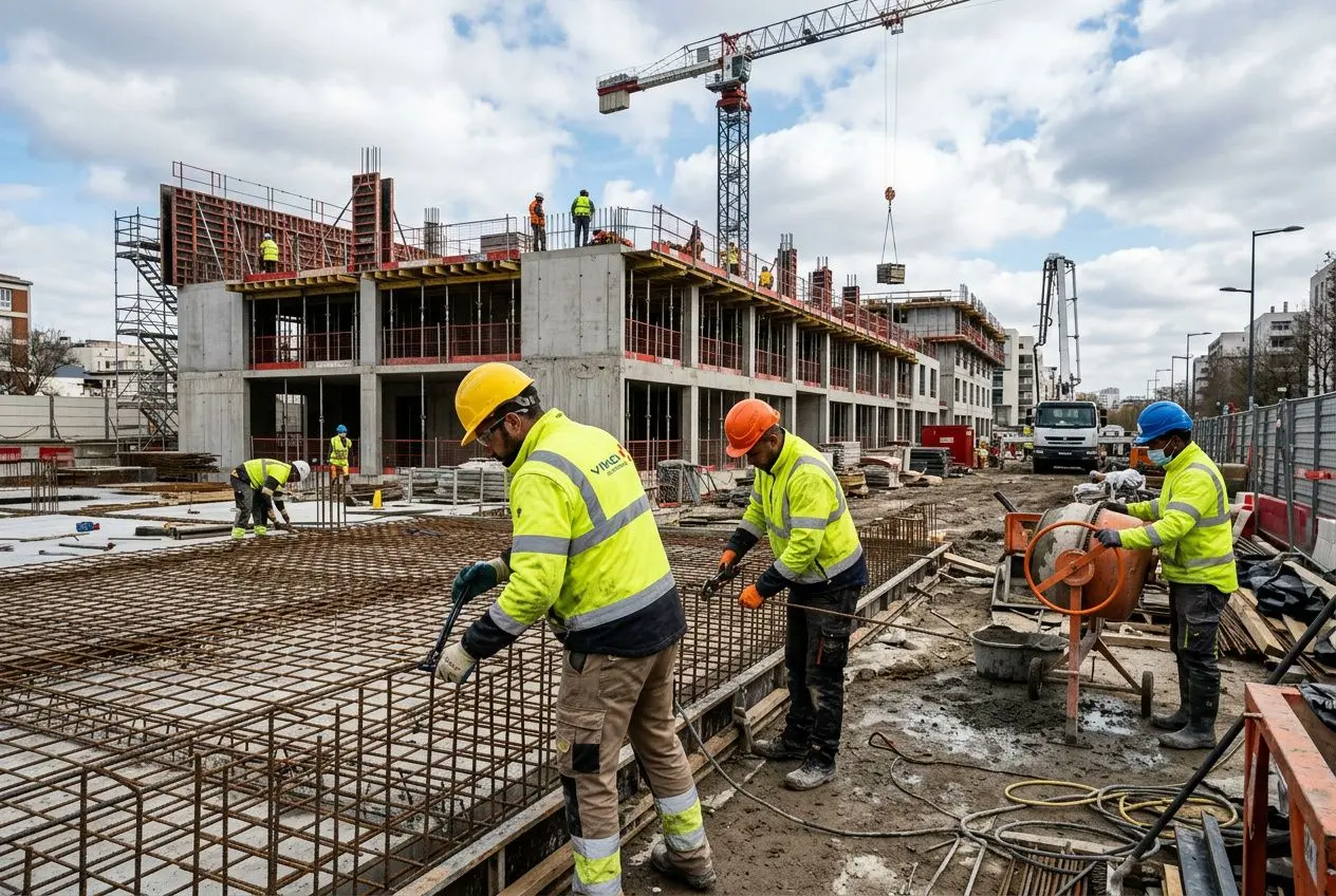 Chantier BTP avec ouvriers en sécurité, ferraillage et bétonnage, grue et bâtiment en construction, illustration de main d'oeuvre BTP sur site.