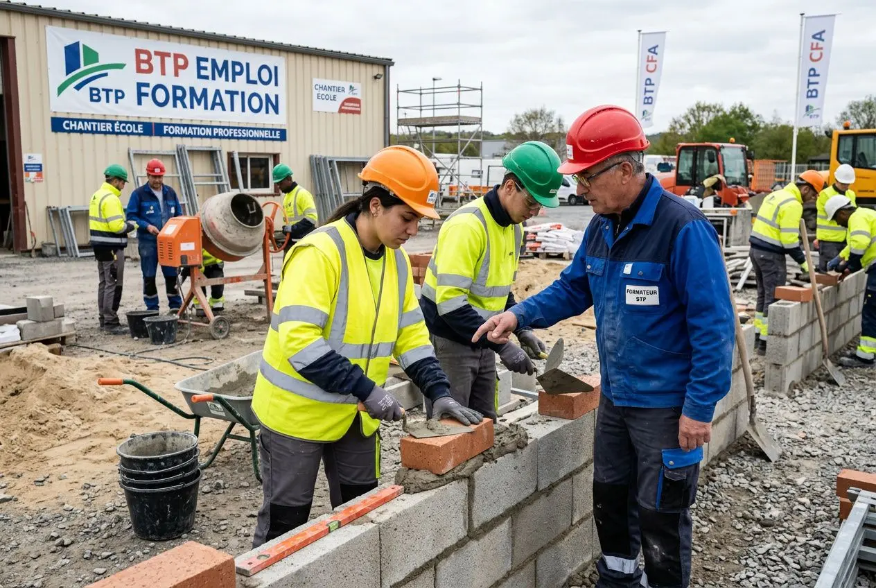 Chantiers BTP : ouvriers et formateurs en sécurité bâtissent un mur de briques sous supervision d’un ingénieur sur le site de formation, près du panneau BTP Emploi Formation. recrutement btp 2026