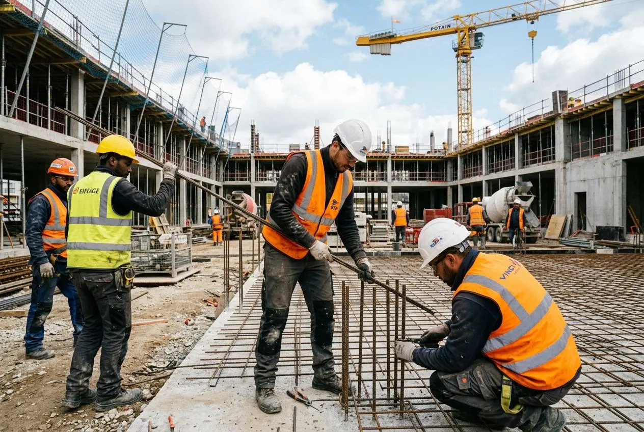 Chantiers de construction avec ouvriers en gilet orange et casques, pose de ferraillage sur le préfabriqué en cours. main d'oeuvre btp