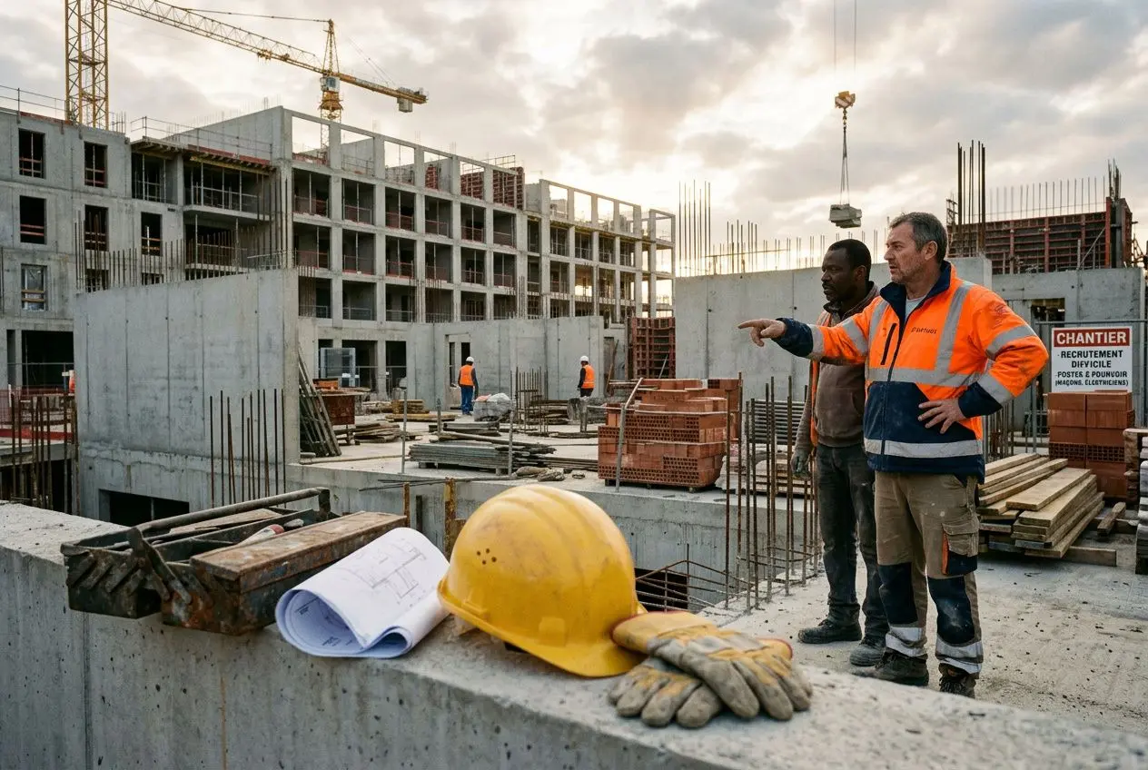 Deux ouvriers sur un chantier de construction discutent, l’un pointant vers le bâtiment en érection. Casque jaune, gants et veste de sécurité, outils et plans posés à côté, ambiance de pénurie de main-d’œuvre dans les métiers du bâtiment.
