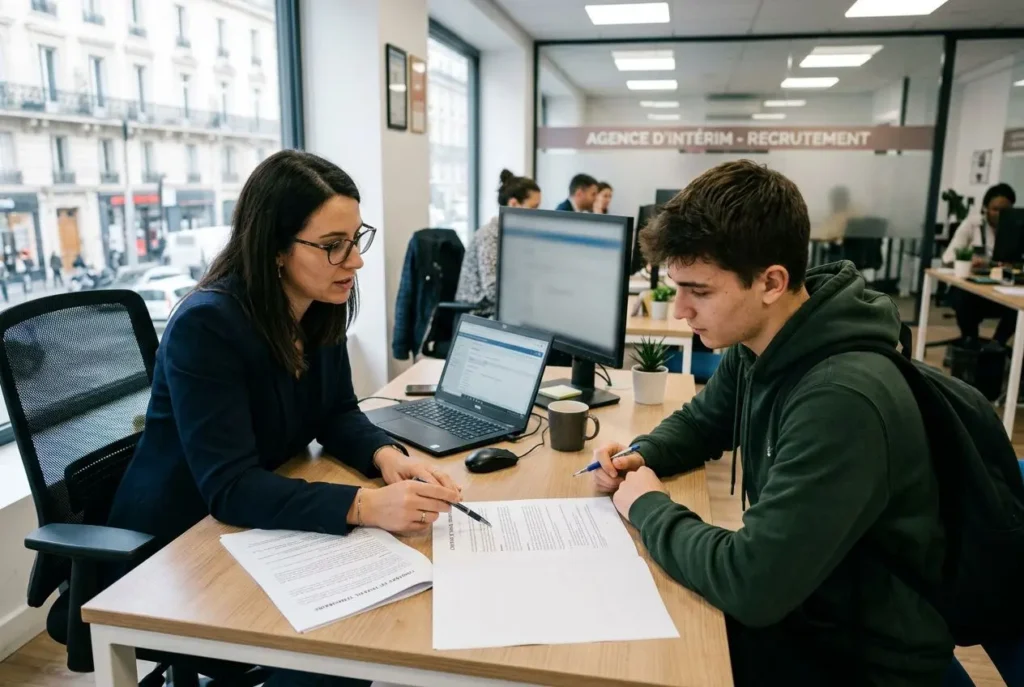 Deux personnes au bureau signent des documents avec un ordinateur portable, dans une agence d’intérim. Contrat de travail temporaire définition.