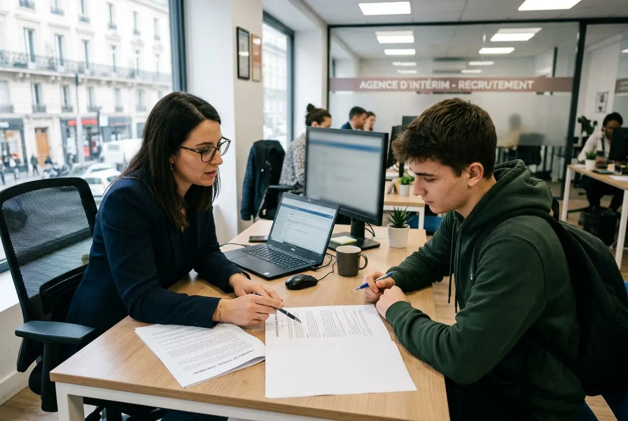 Deux personnes au bureau signent des documents avec un ordinateur portable, dans une agence d’intérim. Contrat de travail temporaire définition.