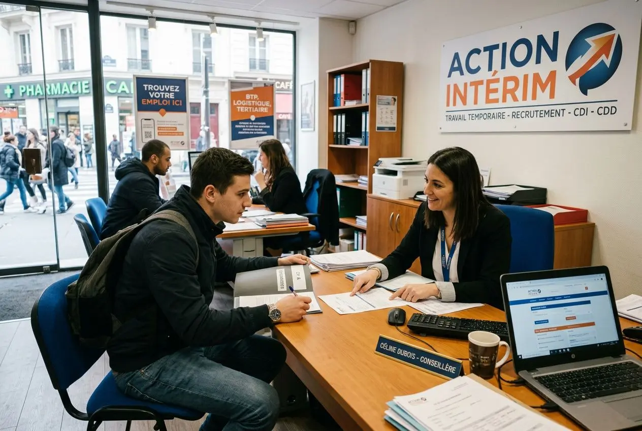 Deux personnes en entretien dans une agence d’intérim, avec un conseiller derrière le bureau et des affiches “Action Intérim” au mur.