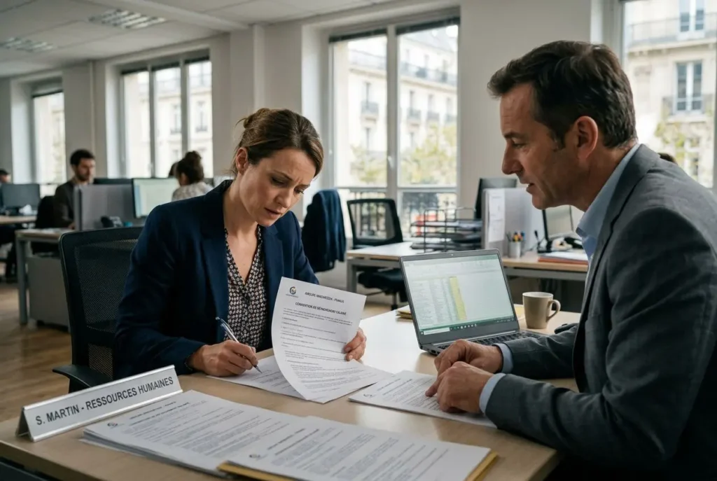 Deux professionnels assis à un bureau vérifiant des documents de travail, avec ordinateurs et dossiers ouverts. Alt text inclut: "détachement salarié privé" intégré naturellement.
