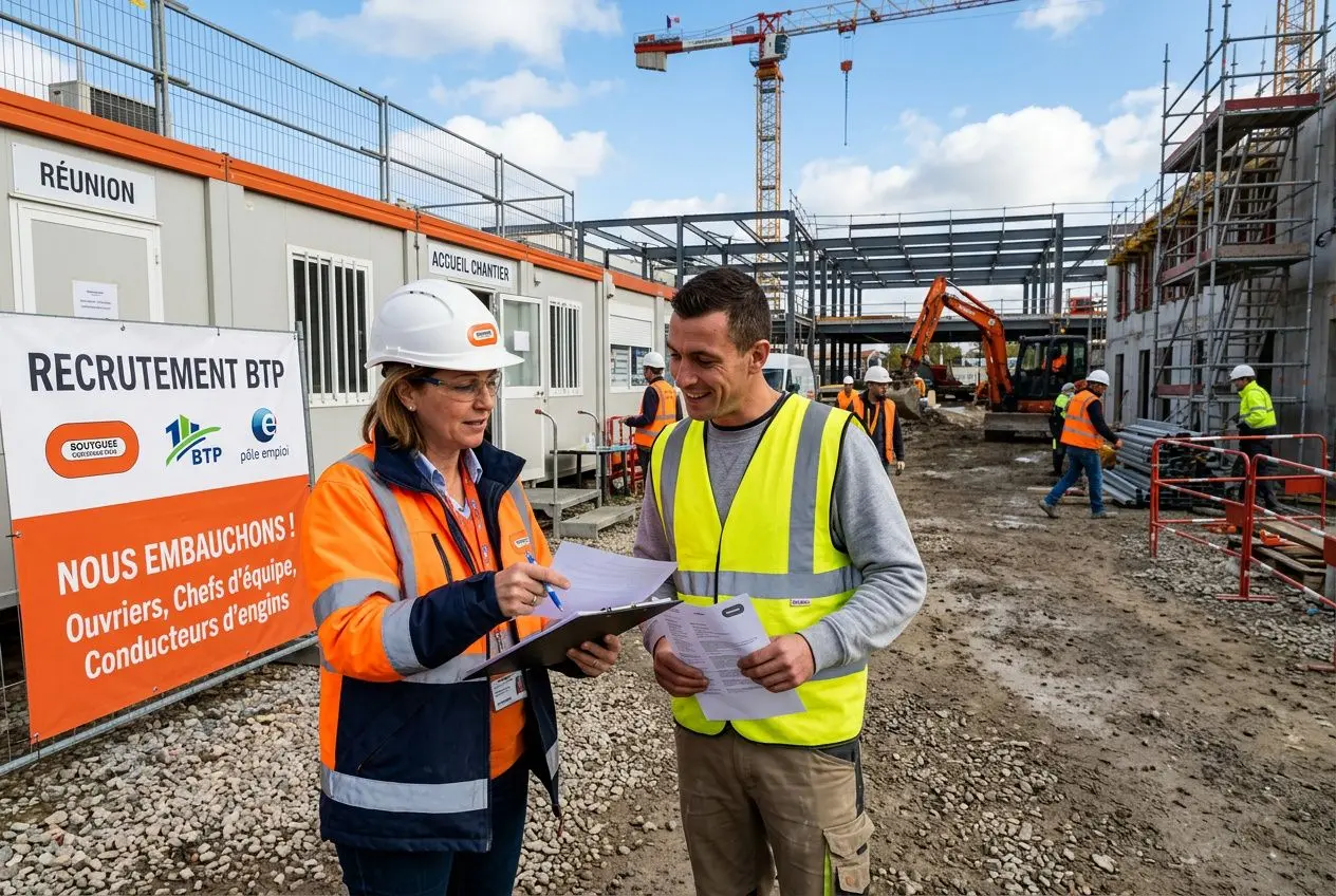 Deux professionnels sur un chantier BTP consultent des documents près d’un panneau "RECRUTEMENT BTP", avec des vestes de sécurité et casques, encadrant le recrutement btp 2026.