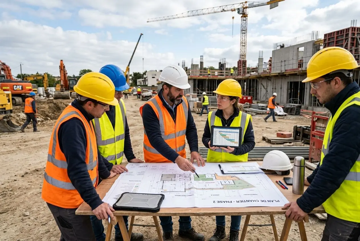 Équipe de professionnels du BTP en gilet orange et casque sur un chantier, examinant des plans sur une table.