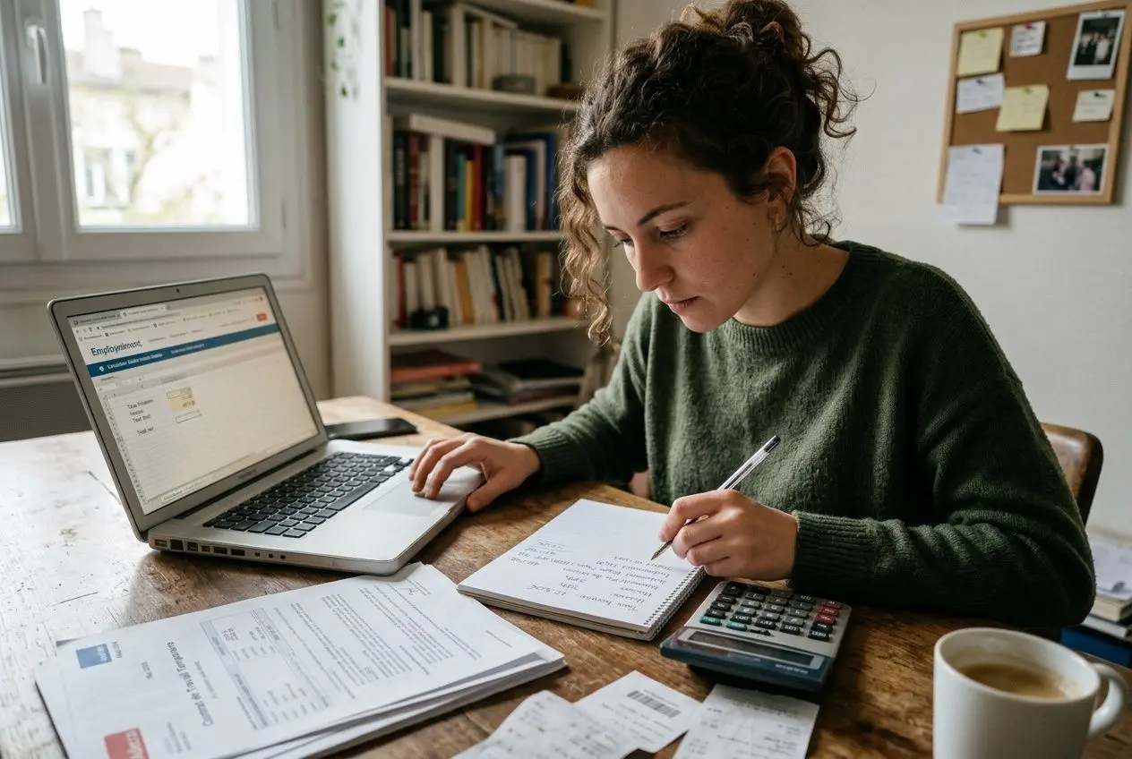 Étudiante travaillant sur son ordinateur portable et prenant des notes devant des documents et une calculatrice, coffee à côté, dans un cadre burea al. Le sujet illustre comment fonctionne le travail en intérim avec concentration et organisation.