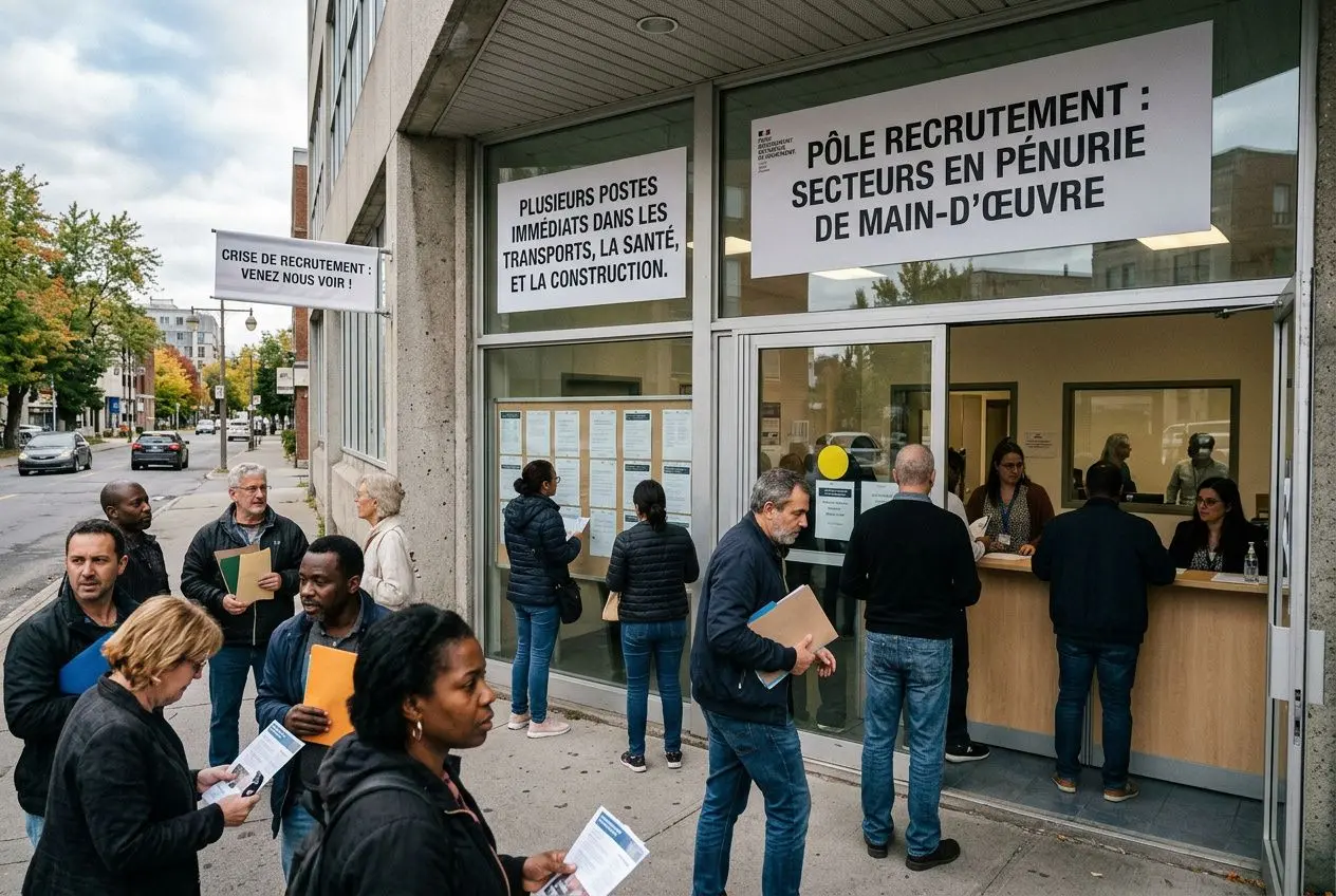 File d'inscription à l’accueil: affiches indiquant des postes en pénurie et file de candidats, illustration des métiers du bâtiment en pénurie.