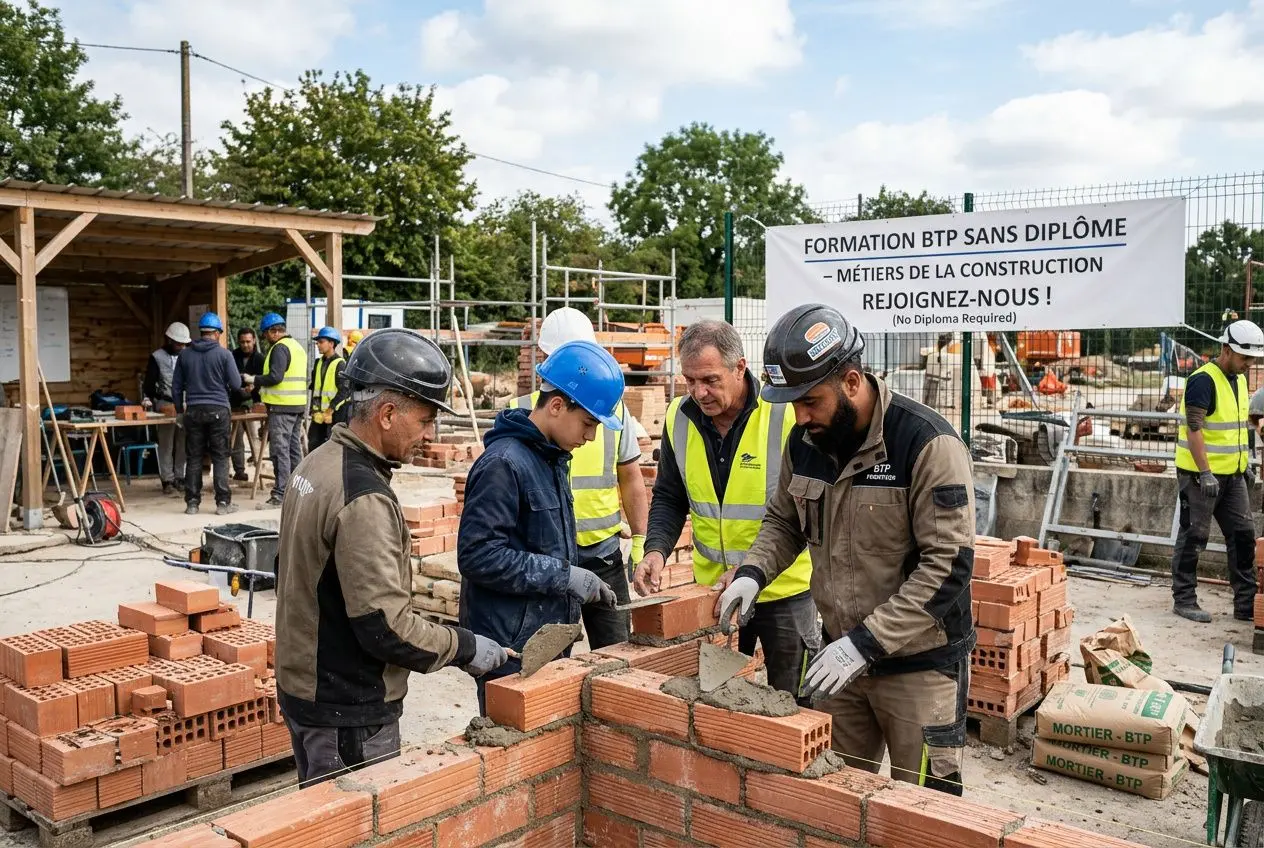 Groupe de travailleurs sur un chantier de construction posant des briques, porte-helmets et gilets fluos, formation BTP sans diplôme affichée en banderole. texte: métiers du bâtiment. Travail dans le BTP sans diplôme mentionné.