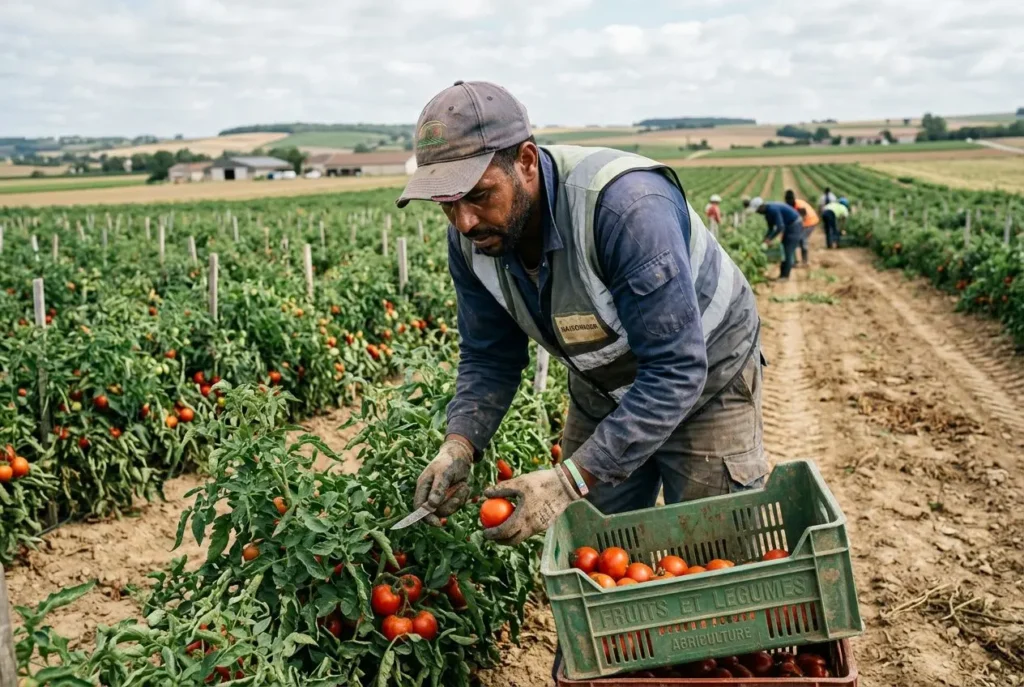 Homme jardinier récoltant des tomates dans un champ, travail agricole en rangées, avec caisse verte de fruits et horizon rural. contrat saisonnier agricole étranger intégré naturellement.