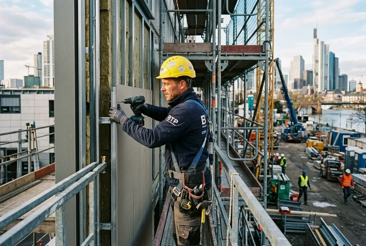 Homme ouvrier portant casque jaune et harnais, posant une plaque métallique sur un chantier de construction en extérieur, avec gratte-ciel au loin. Détachement salarié privé intégré dans le contexte des droits et démarches.