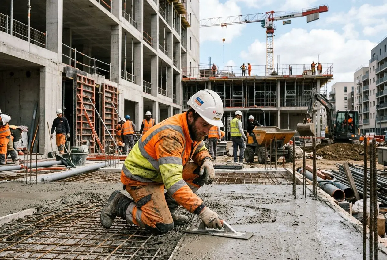 Ouvrier en chantier posant du béton armé sur un plateau de construction, casque et gilet orange, entouré d’équipements et d’autres travailleurs. Travailler dans le btp sans diplôme mentionné.