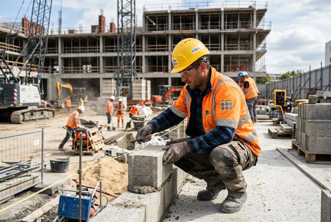 Ouvrier qualifié BTP posant des blocs de béton sur un chantier, casque jaune et gilet orange, avec des machines et structures en construction autour.