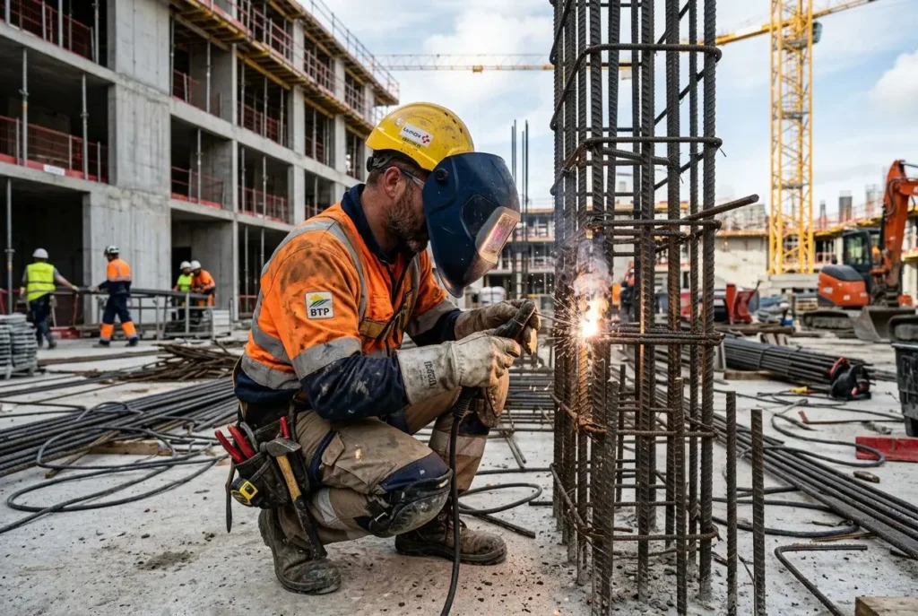 Ouvrier en sécurité et équipement de protection, soudant sur un chantier BTP près de structures en acier et d’un bâtiment en construction. qu'est-ce qu'un ouvrier qualifié.