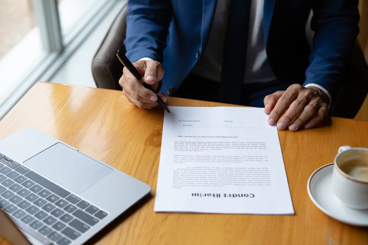 Signature d'un contrat sur une feuille devant un ordinateur, dans un cadre professionnel. Inclure le sujet: comment fonctionne le travail en intérim.